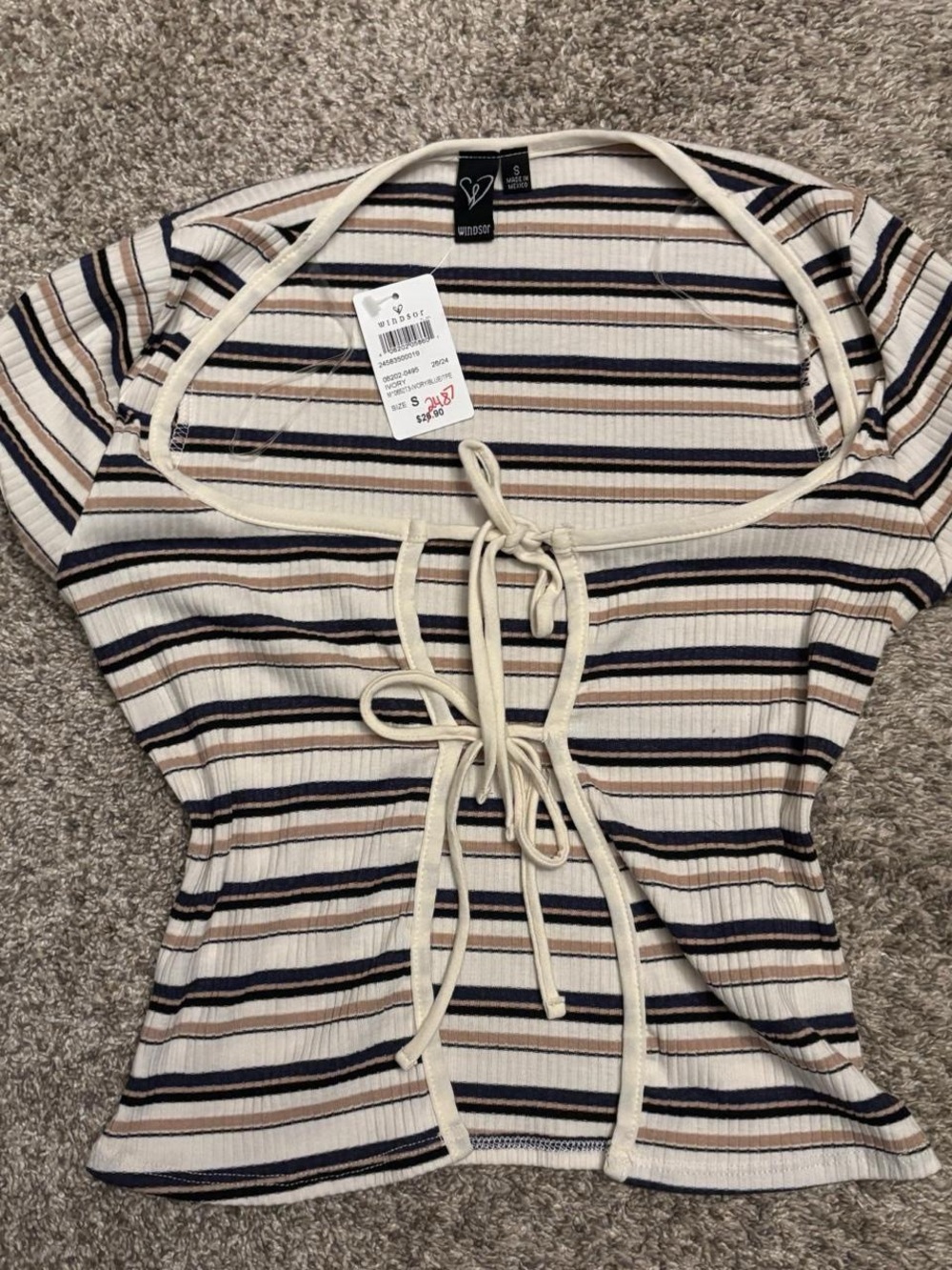 Windsor Cream Stripe Tie-Front Ribbed Top